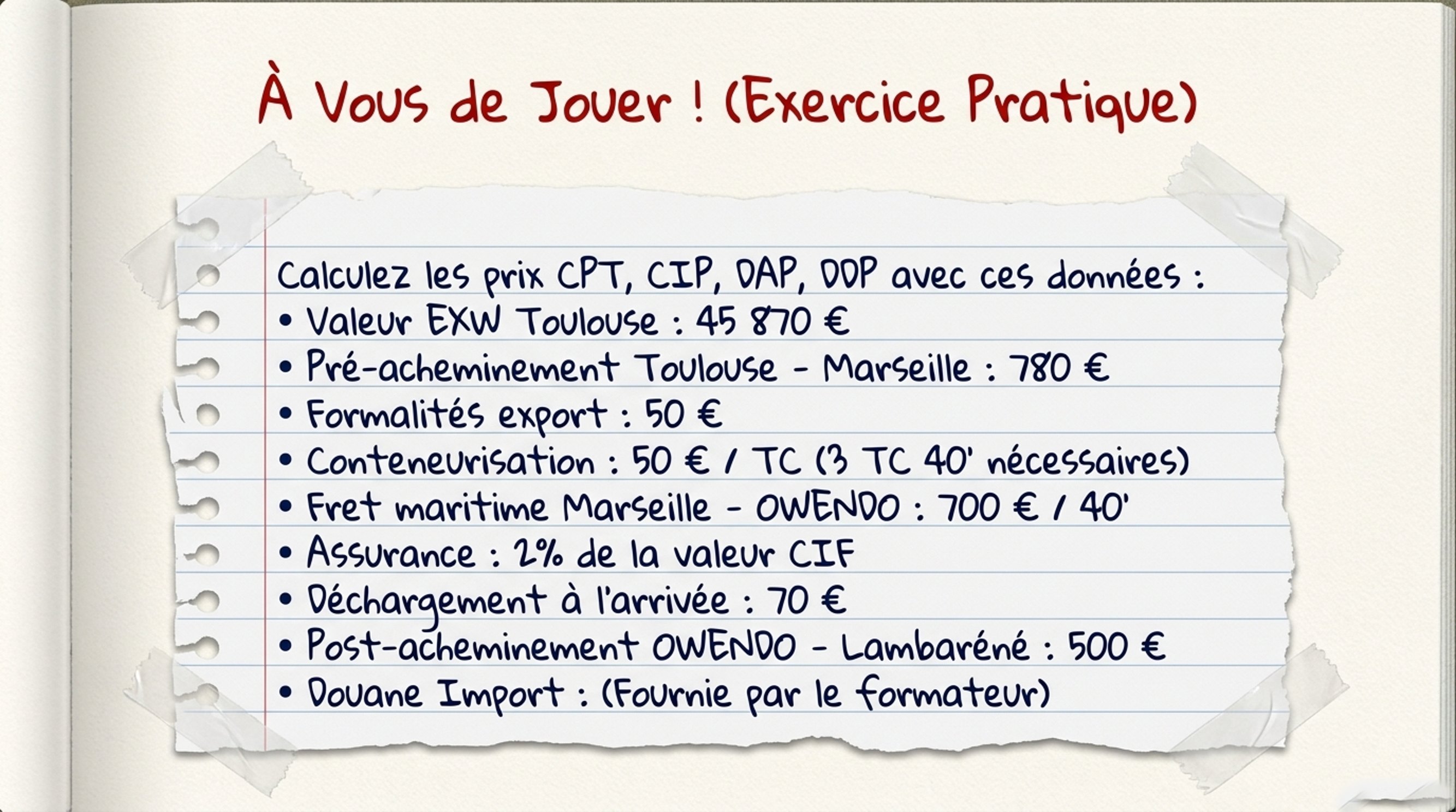 Exercice calcul prix incoterms